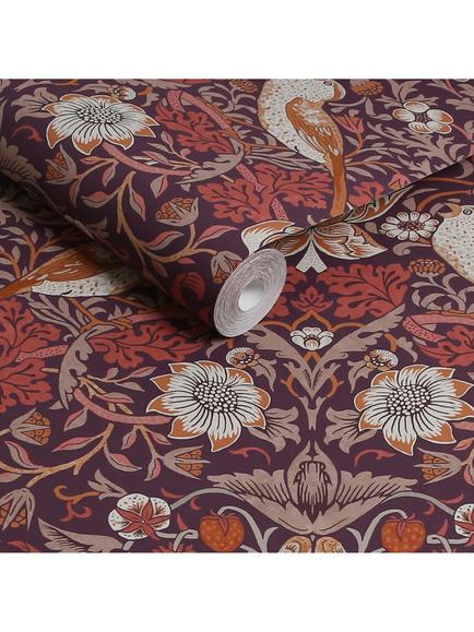 William Morris At Home Strawberry Thief Wallpaper - view 2, Plum
