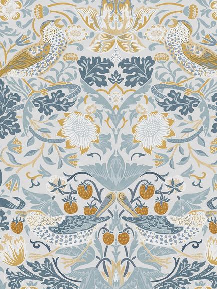 William Morris At Home Strawberry Thief Wallpaper, Soft Blue