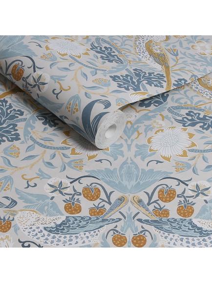William Morris At Home Strawberry Thief Wallpaper - view 2, Soft Blue