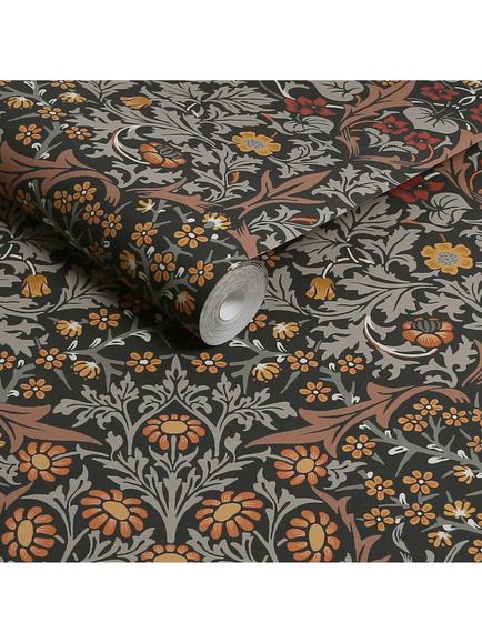 William Morris At Home Blackthorn Wallpaper - view 2, Charcoal/Burnt Orange