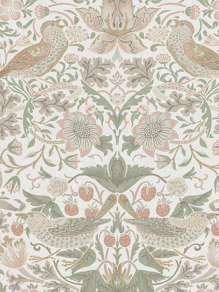 William Morris At Home Strawberry Thief Wallpaper, Sage & Pink