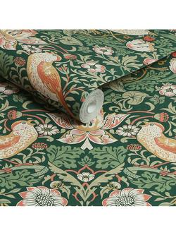 William Morris At Home Strawberry Thief Wallpaper - view 2, Rich Green