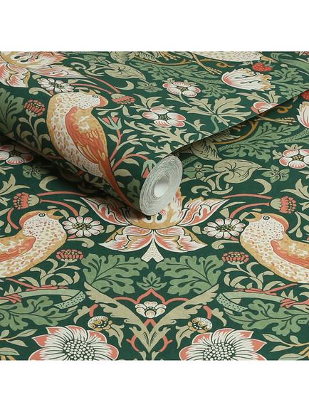 William Morris At Home Strawberry Thief Wallpaper - view 2, Rich Green
