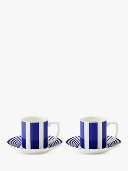 Spode Steccato Stripe Earthenware Espresso Cup & Saucer, Set of 2, 90ml, Blue/White, Blue/White