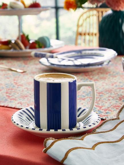 Spode Steccato Stripe Earthenware Espresso Cup & Saucer, Set of 2, 90ml, Blue/White - view 2, Blue/White