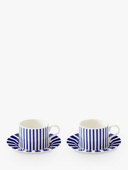 Spode Steccato Stripe Earthenware Teacup & Saucer, Set of 2, 290ml, Blue/White, Blue/White