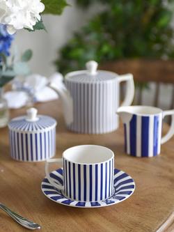 Spode Steccato Stripe Earthenware Teacup & Saucer, Set of 2, 290ml, Blue/White - view 2, Blue/White