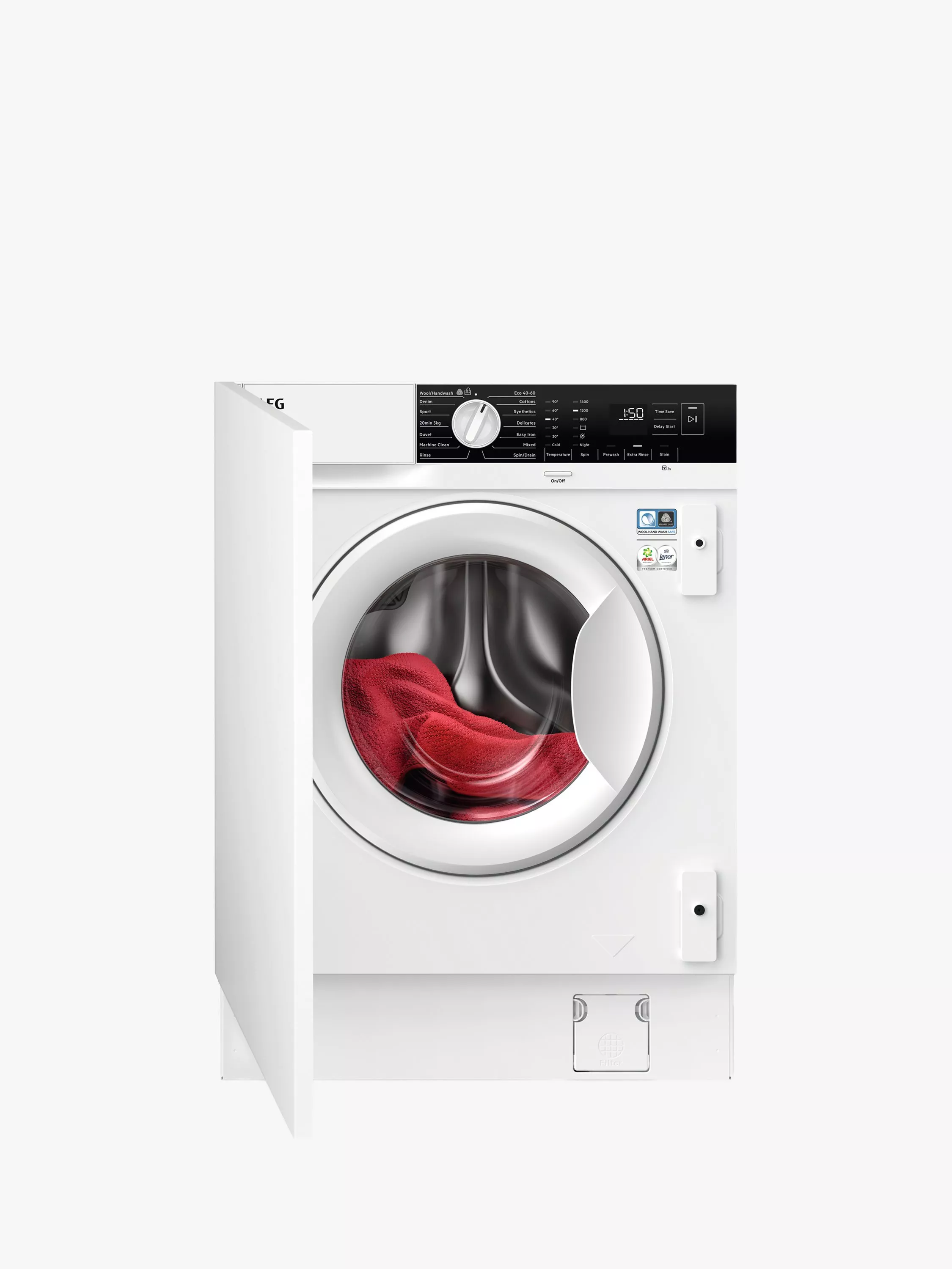 Integrated white front-loading washing machine with open cabinet door, digital controls and red laundry inside drum