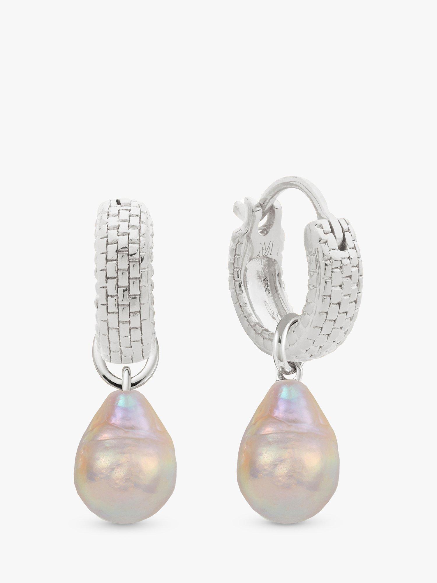 Product image 1 of 4, which shows Monica Vinader Pearl Huggie Earrings, Silver