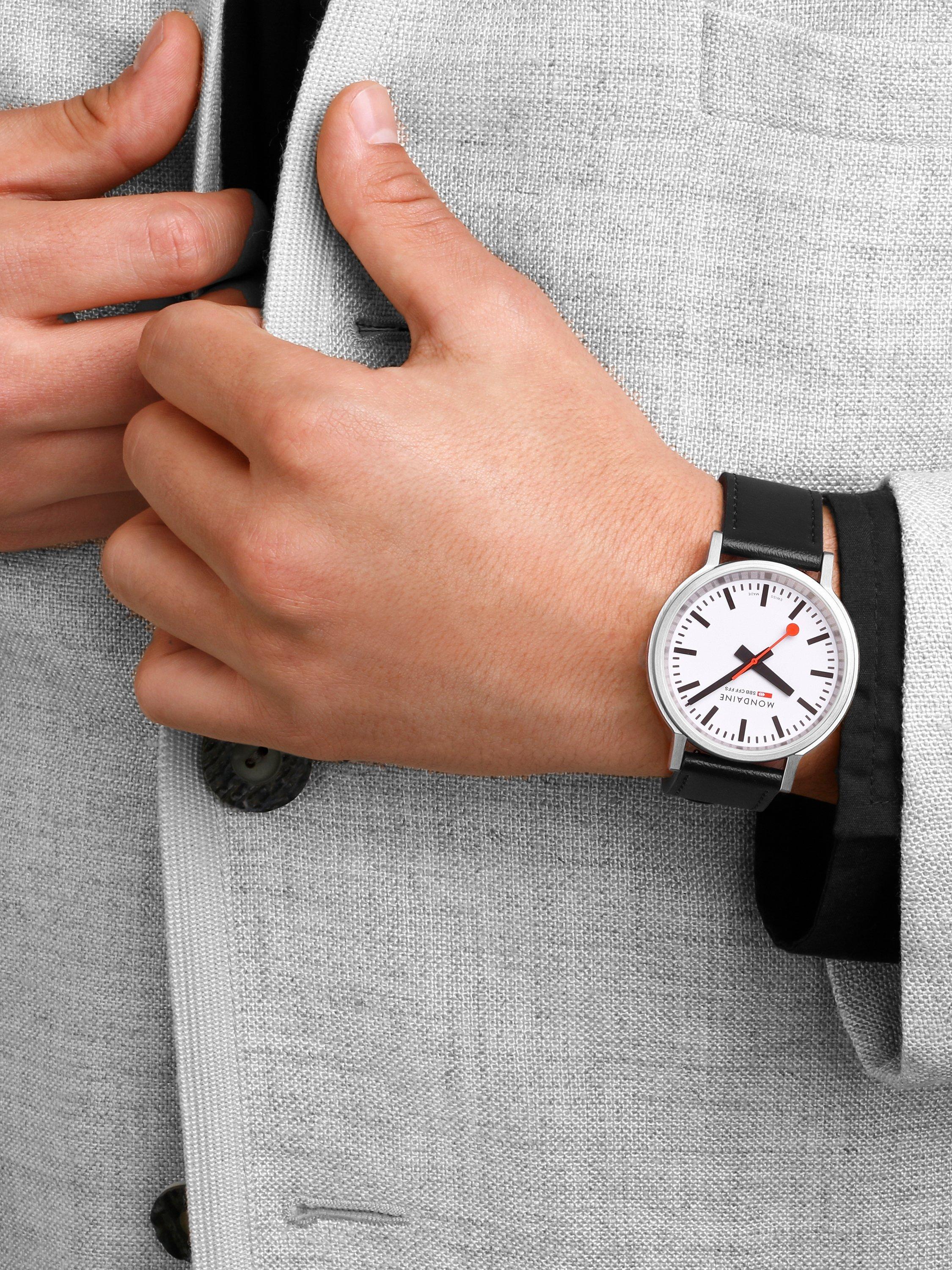 Product image 10 of 11, which shows Mondaine MST.4101B.LBV.2SE Men's Stop2Go Vegan Leather Strap Watch, Black