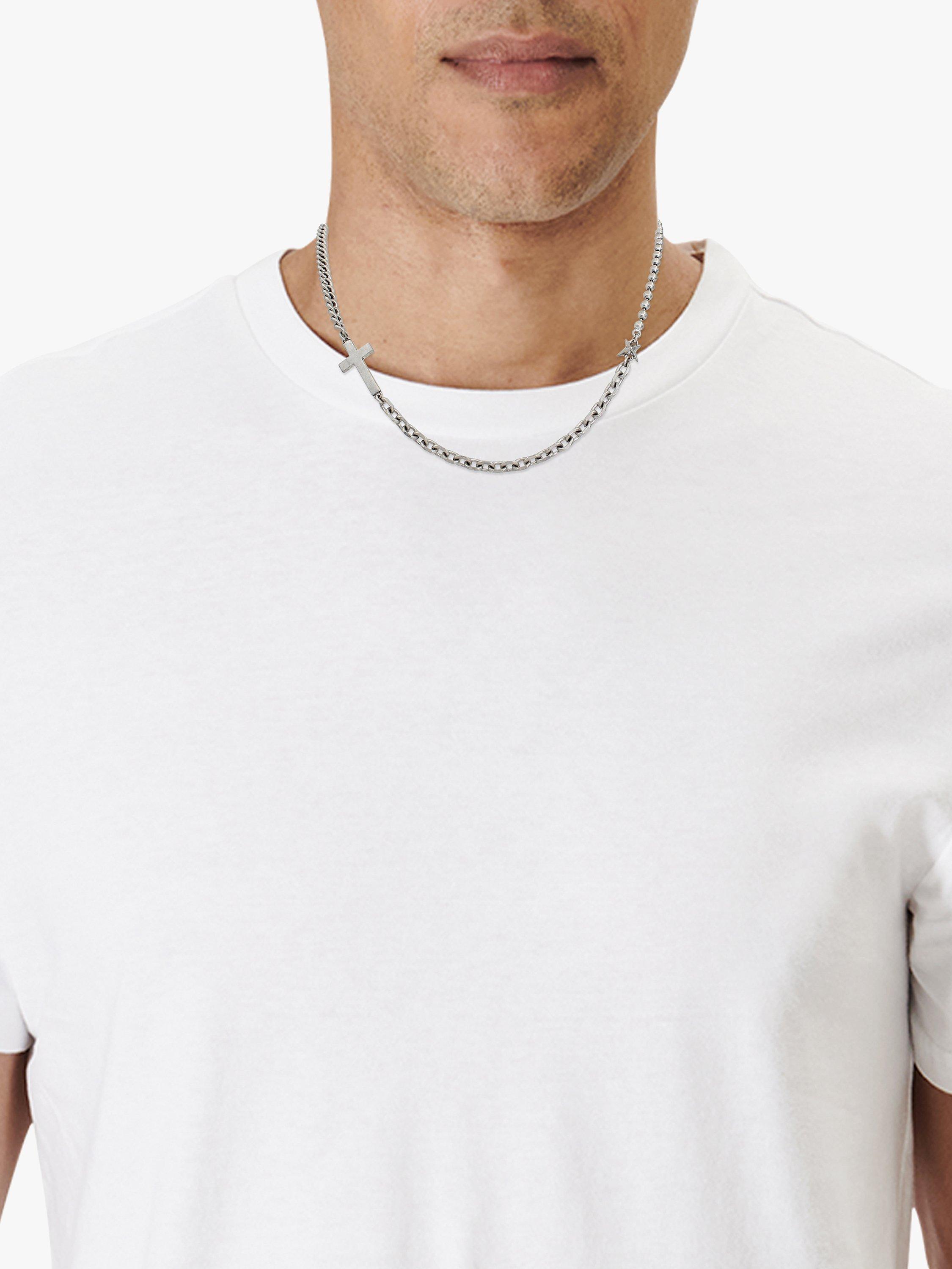Product image 4 of 4, which shows AllSaints Unisex Mixed Chain Strand Necklace, Warm Silver