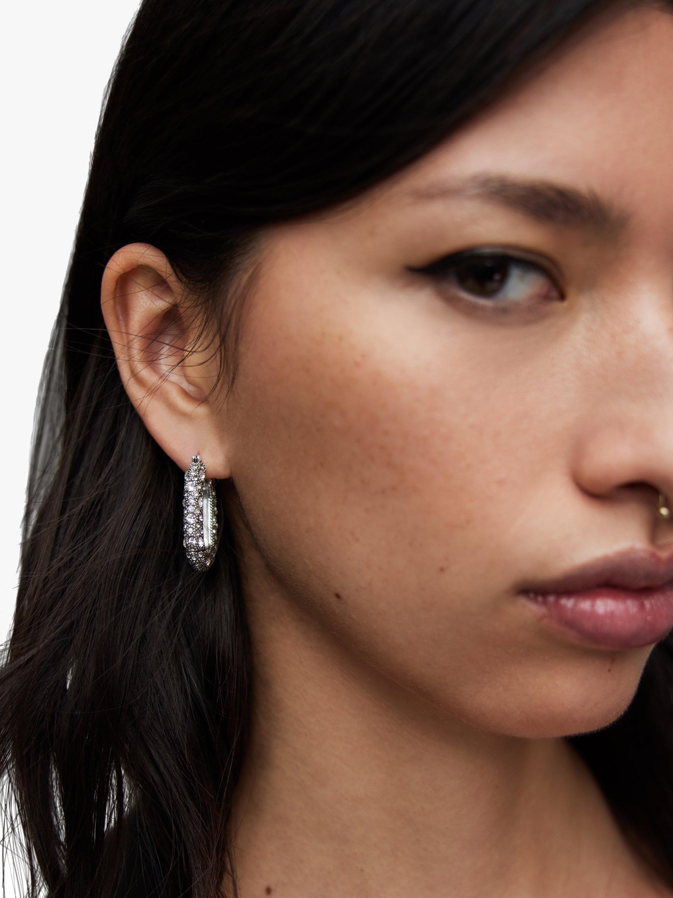 Product image 2 of 2, which shows AllSaints Pave Oval Hoop Earrings, Warm Silver