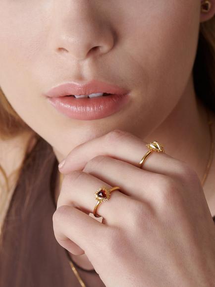 Rachel Jackson London Electric Love Mini Garnet Heart Ring, Gold - view 2, Gold