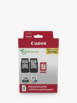 Canon PG-510/CL-511 Inkjet Printer Cartridge Multipack, Pack of 2, with GP-501 Glossy Photo Paper, 10 x 15cm, 50 Sheets, Multi