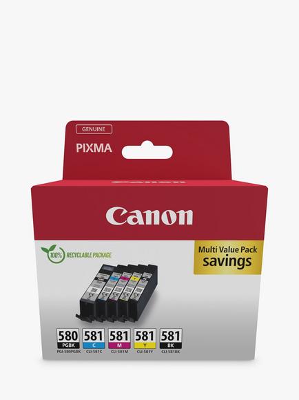 Canon PGI-580/CLI-581 Inkjet Printer Cartridge Multipack, Pack of 5, Multi
