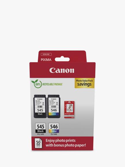 Canon PG-545/CL-546 Inkjet Printer Cartridge Multipack, Pack of 2, with GP-501 Glossy Photo Paper, 10 x 15cm, 50 Sheets, Multi
