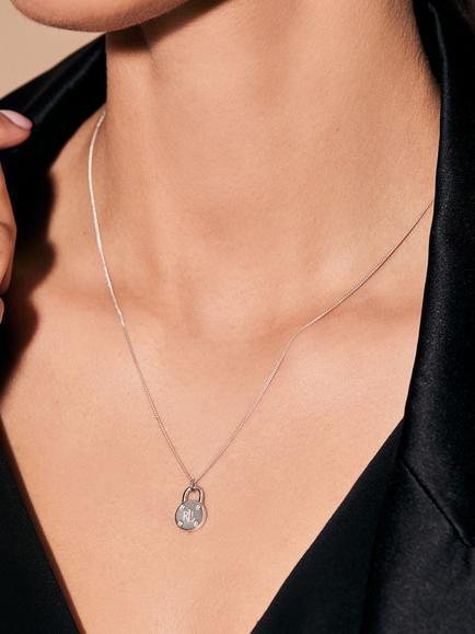 Lauren Ralph Lauren Sterling Silver and Diamond Signature Padlock Necklace, Silver Multi - view 2, Silver Multi