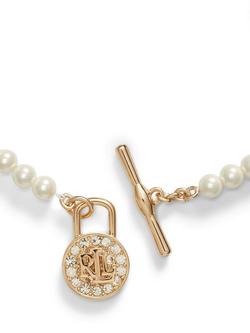 Lauren Ralph Lauren Faux Pearl Signature Padlock Necklace, Gold/White - view 2, Gold/ White