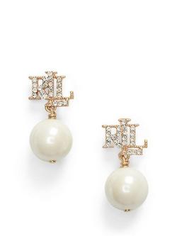Lauren Ralph Lauren Cubic Zirconia Logo Pearl Drop Earrings, Gold/White, Gold/White