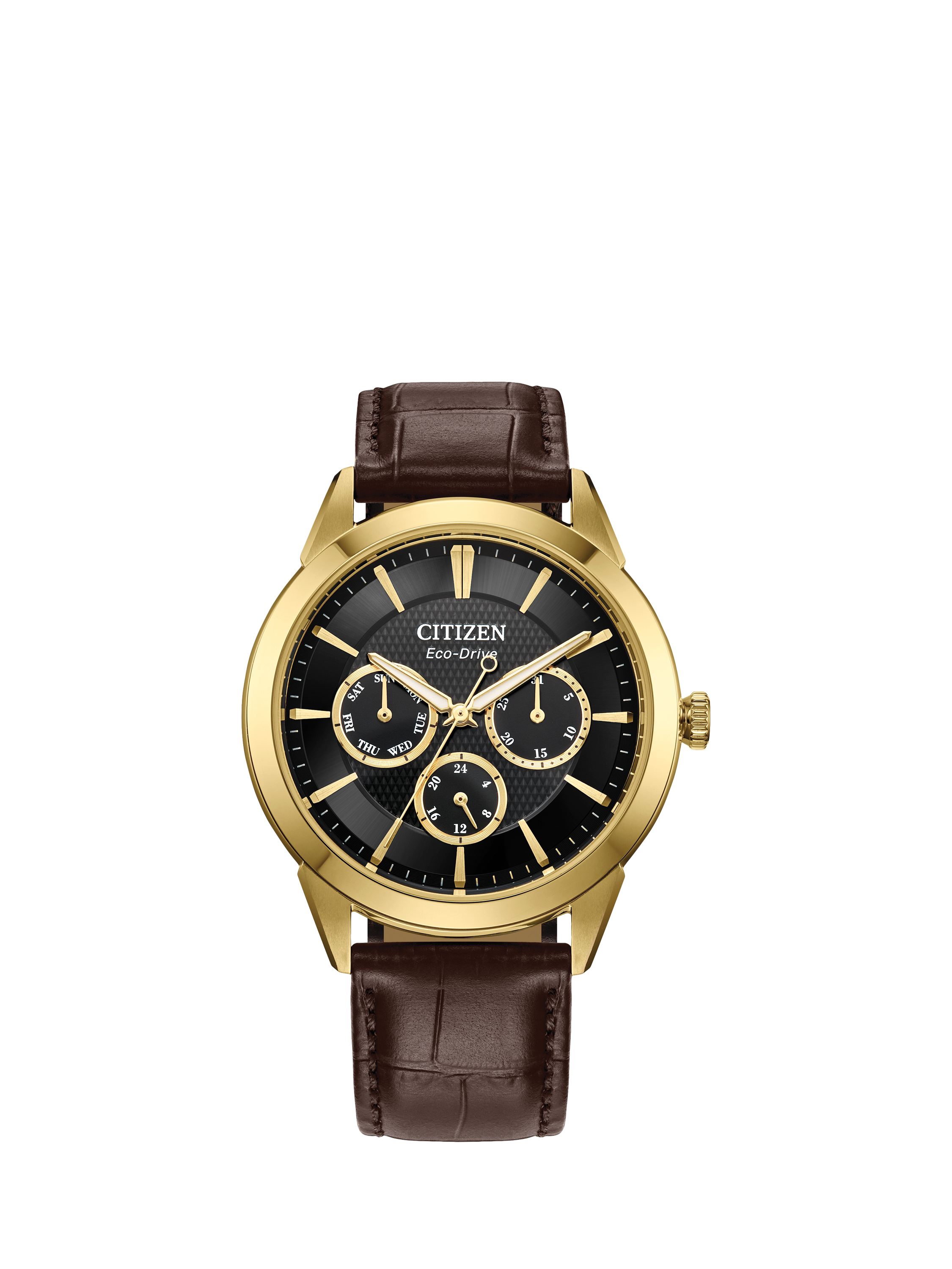 Product image 1 of 7, which shows Citizen Men's Eco-Drive Chronograph Day Date Leather Strap Watch, Brown/Black BU2112-06E