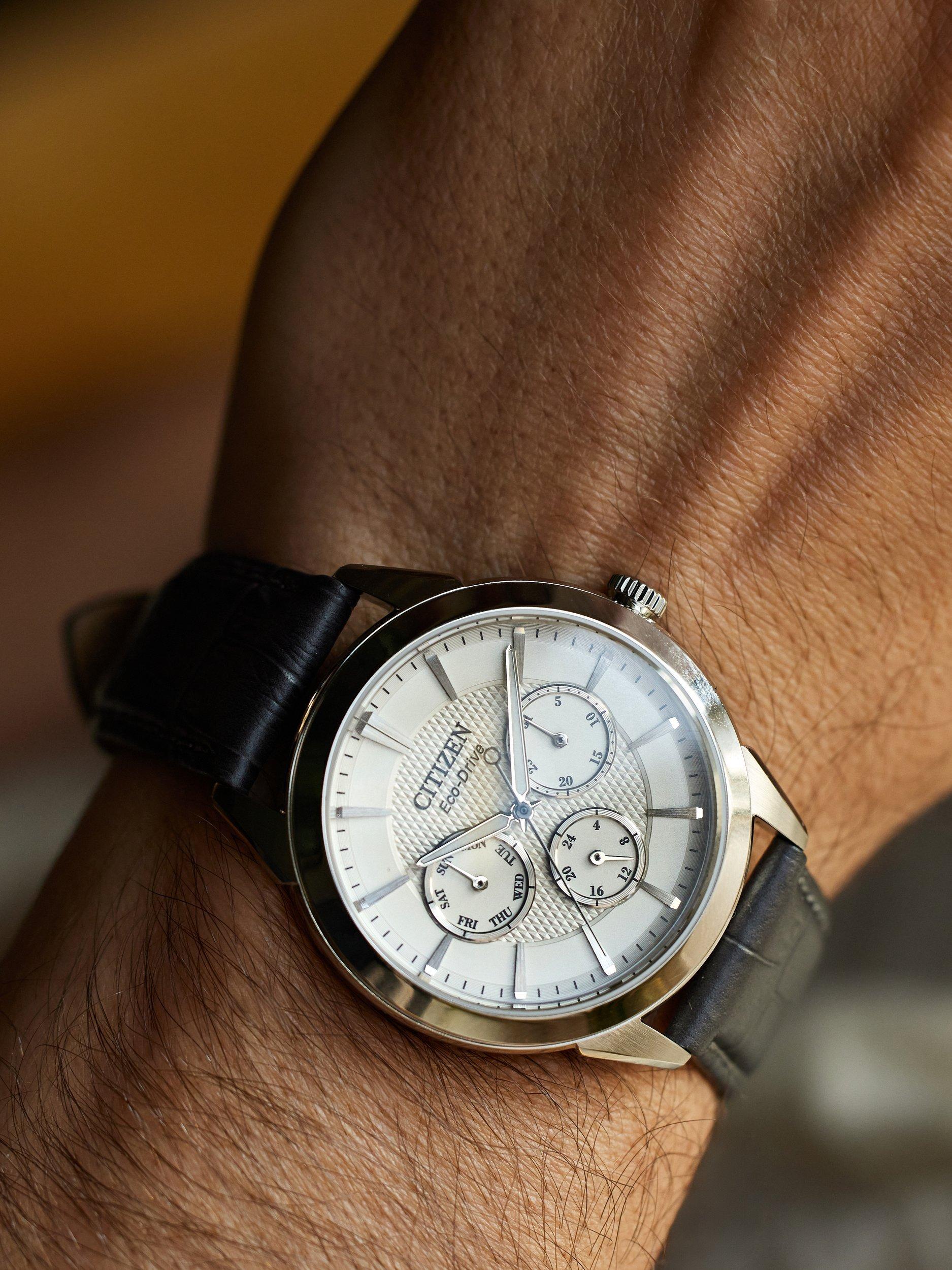 Product image 4 of 6, which shows Citizen Men's Eco-Drive Chronograph Day Date Leather Strap Watch, Black/Silver BU2110-01A