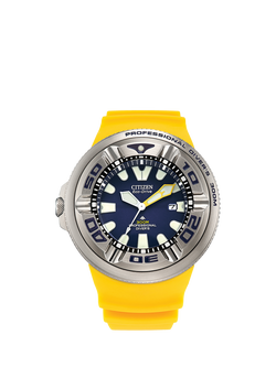 Citizen BJ8058-06L Men's Pro Master Ecozilla Professional Diver Eco-Drive Date Band Strap Watch, Yellow/Blue, Yellow/Blue