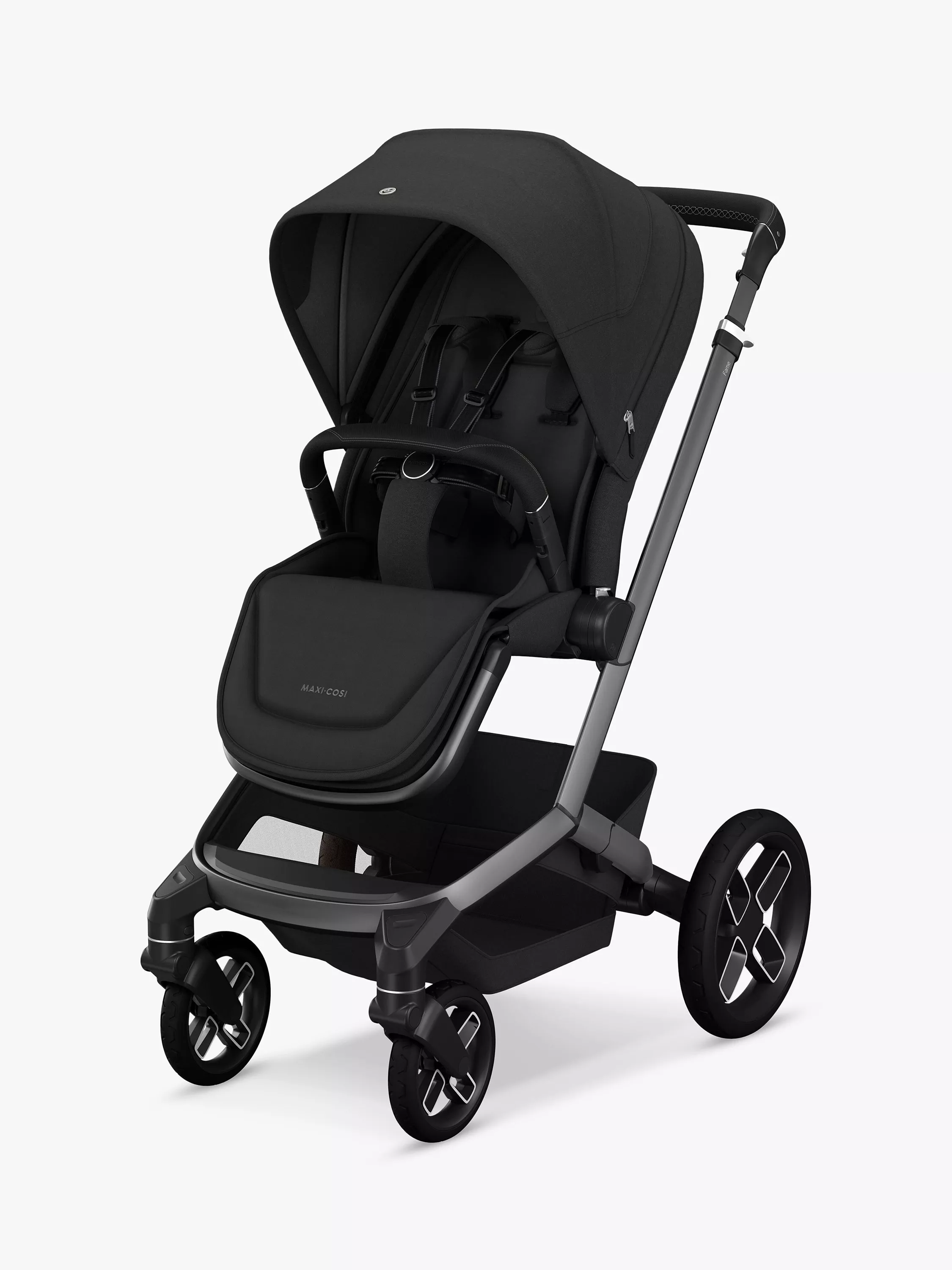 An all-black modern baby pushchair with a large canopy and a bottom storage basket
