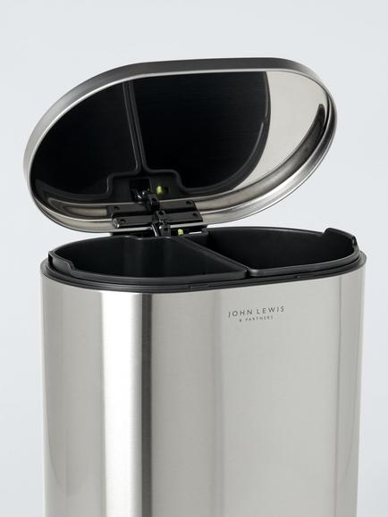 John Lewis Oval 2 section Recycling Pedal Bin, Brushed Stainless Steel, 2x 23L - view 2, Stainless Steel