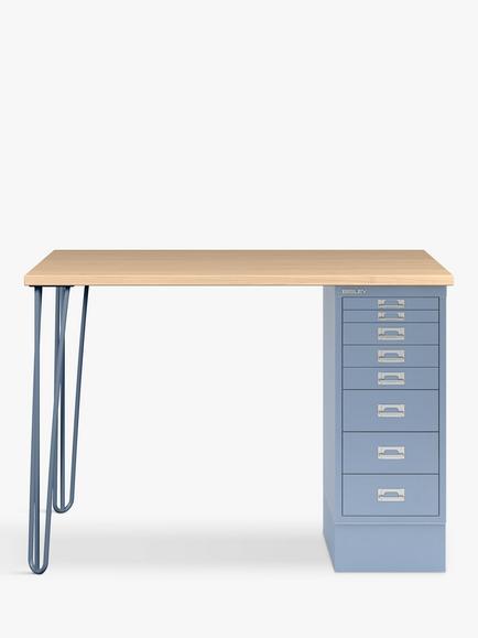 Bisley MultiDesk Oak Veneer Home Office Desk with 8 Drawers, 105cm, Oak/Blue