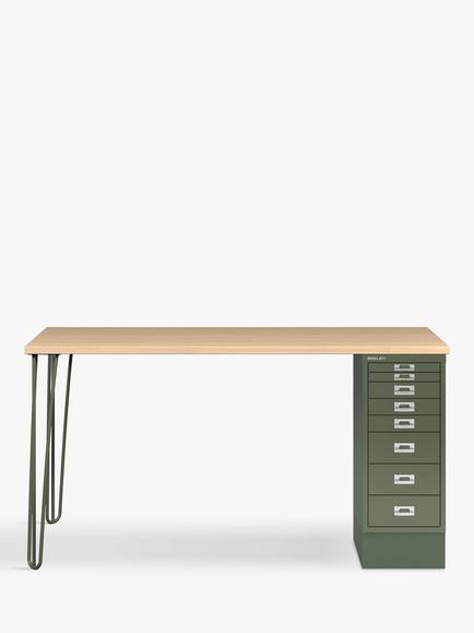 Bisley MultiDesk Oak Veneer Home Office Desk with 8 Drawers, 140cm, Oak/Green