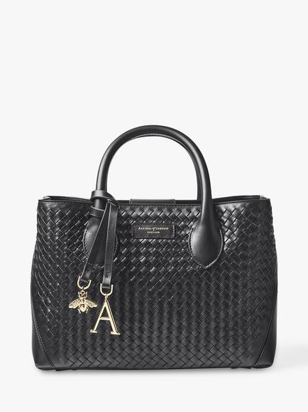 Aspinal of London Slot Weave Leather London Midi Tote Bag - view 2, Black