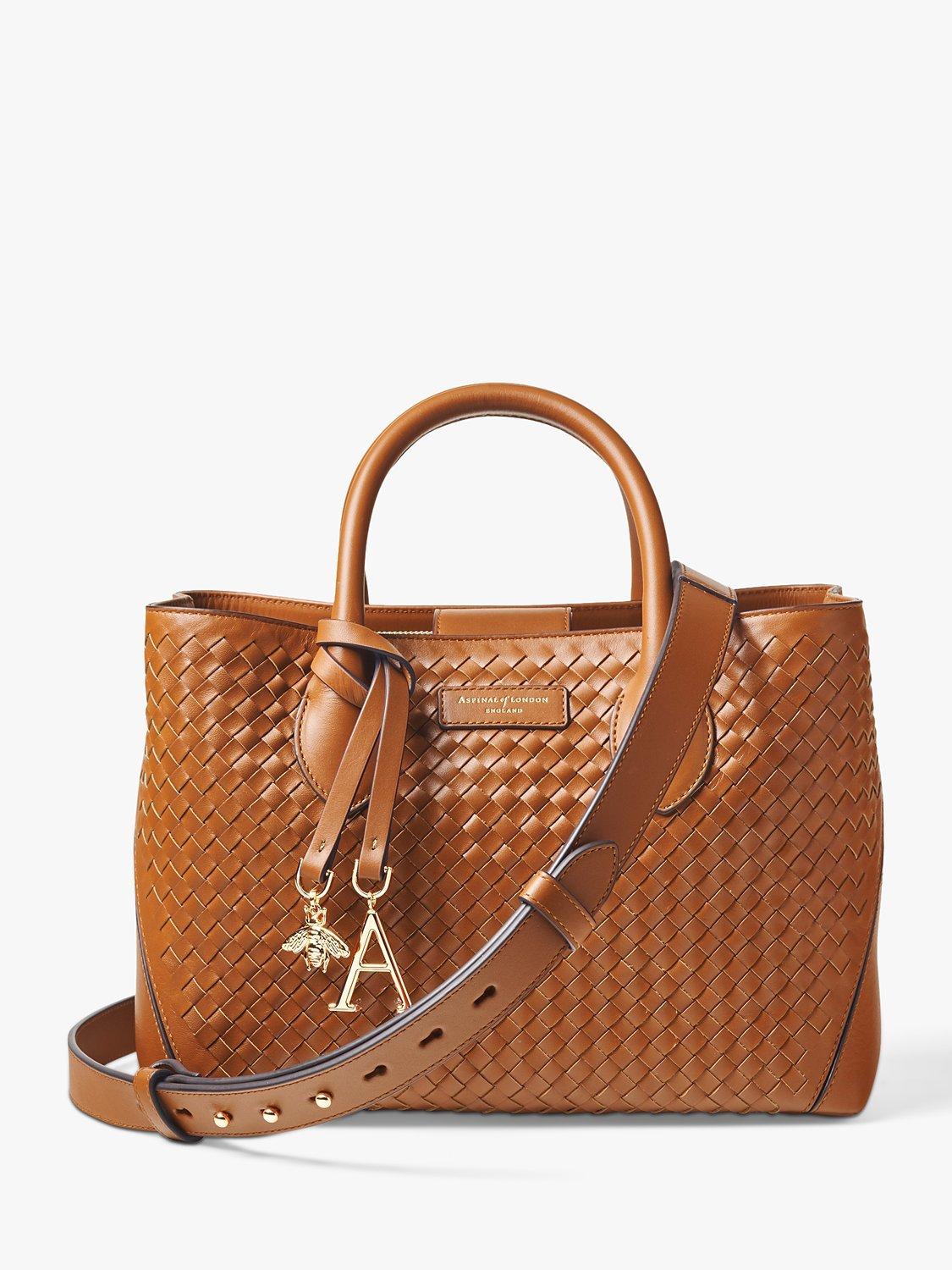 Product image 1 of 8, which shows Aspinal of London Slot Weave Leather London Midi Tote Bag, Tan
