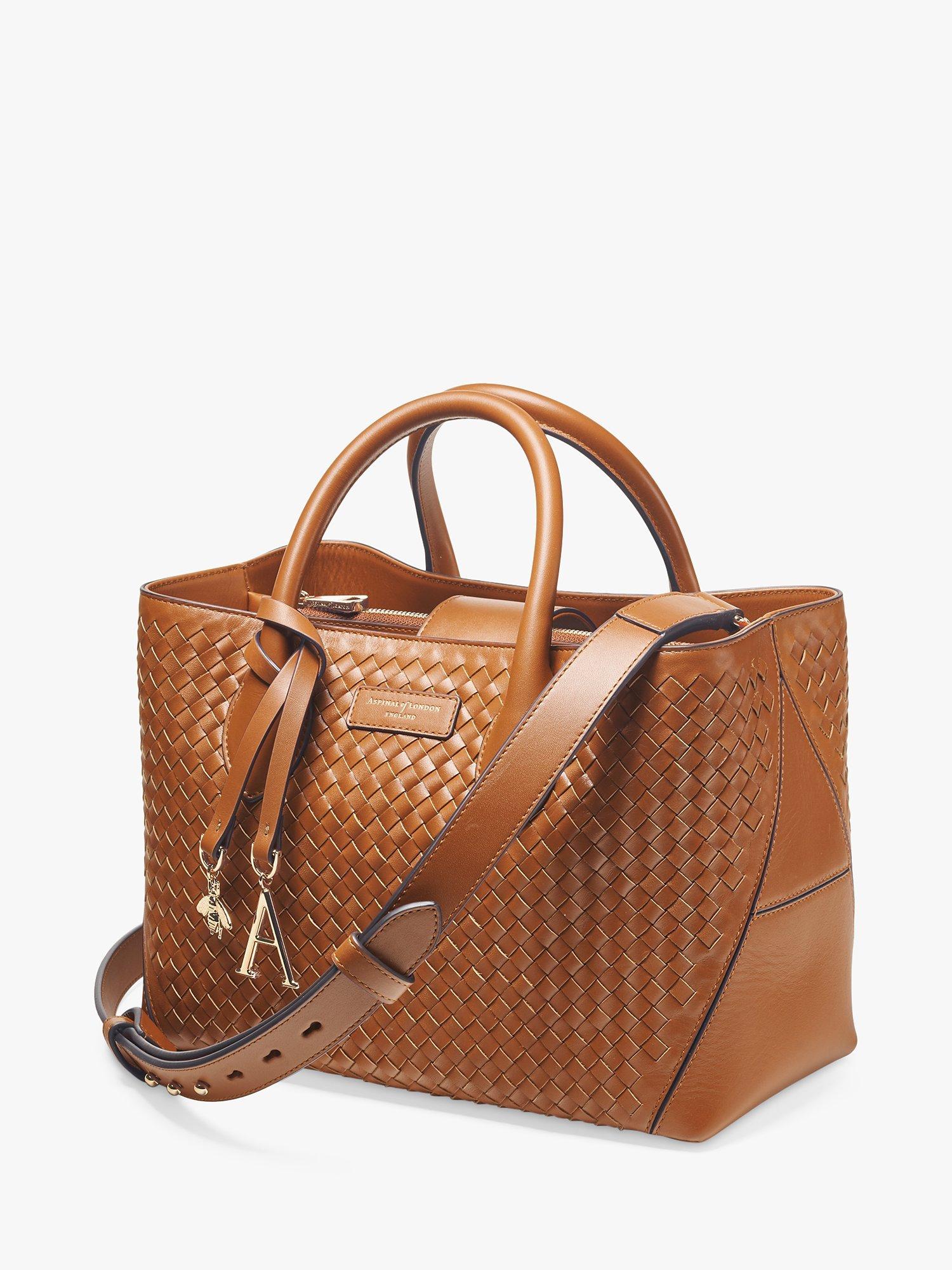 Product image 3 of 8, which shows Aspinal of London Slot Weave Leather London Midi Tote Bag, Tan