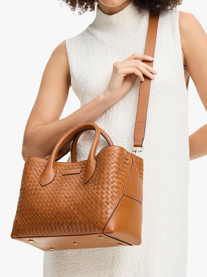 Product image 6 of 8, which shows Aspinal of London Slot Weave Leather London Midi Tote Bag, Tan