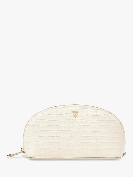 Aspinal of London Small Croc Effect Leather Makeup Bag, Ivory