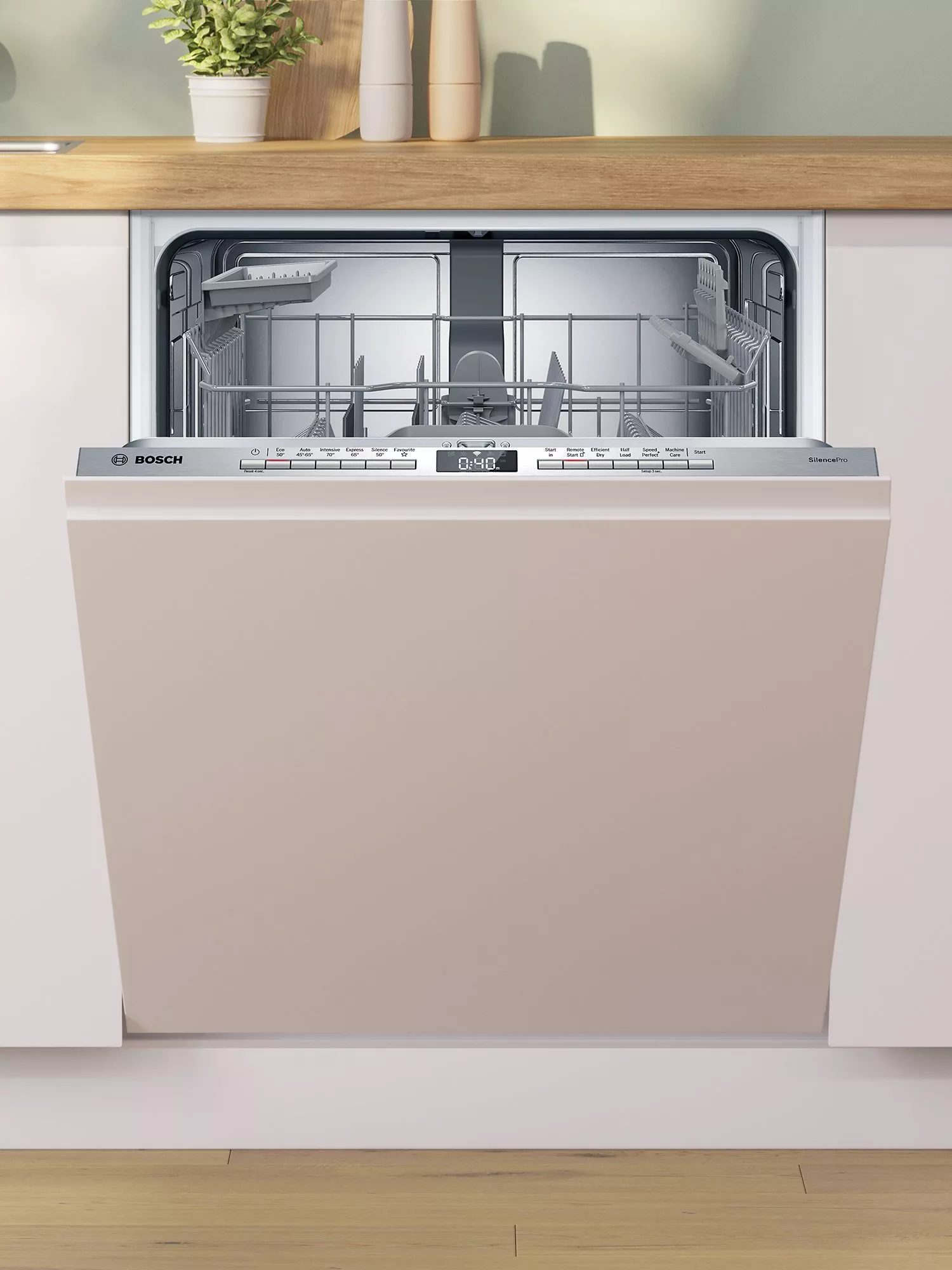 Beige integrated dishwasher half opened