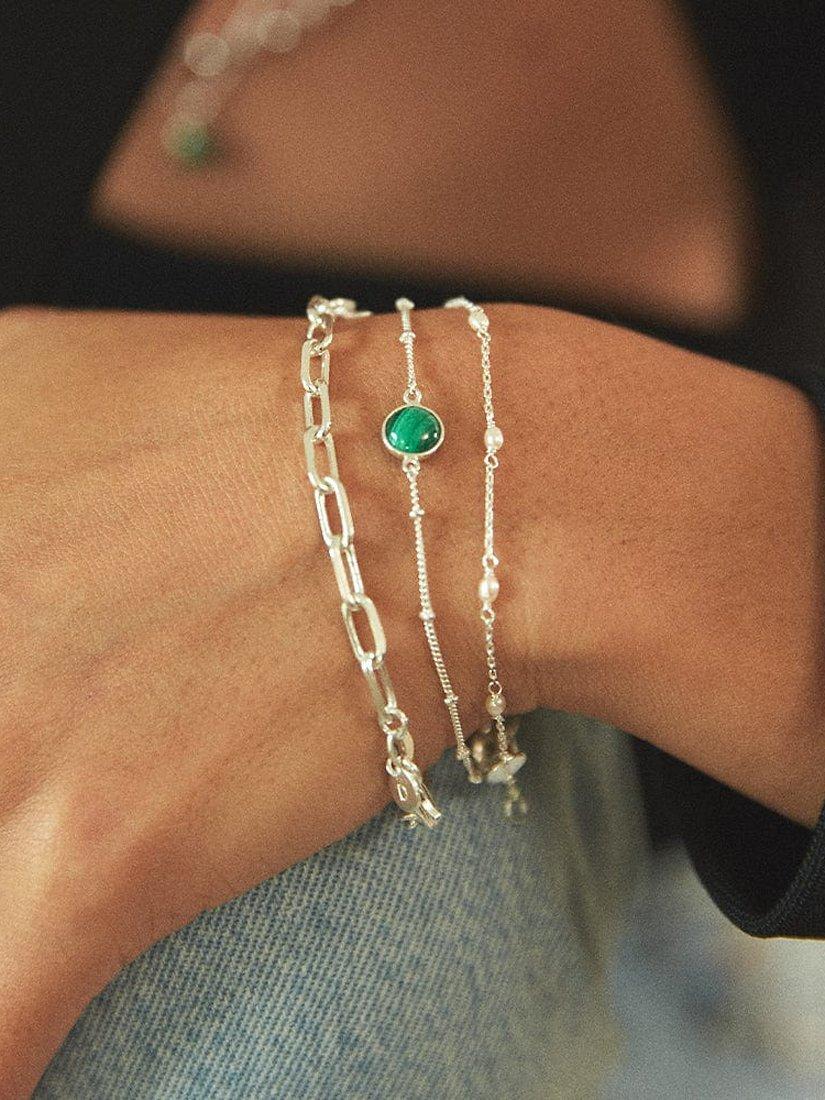 Product image 3 of 4, which shows Daisy London Gemstone Bobble Chain Bracelet, Silver/Malachite
