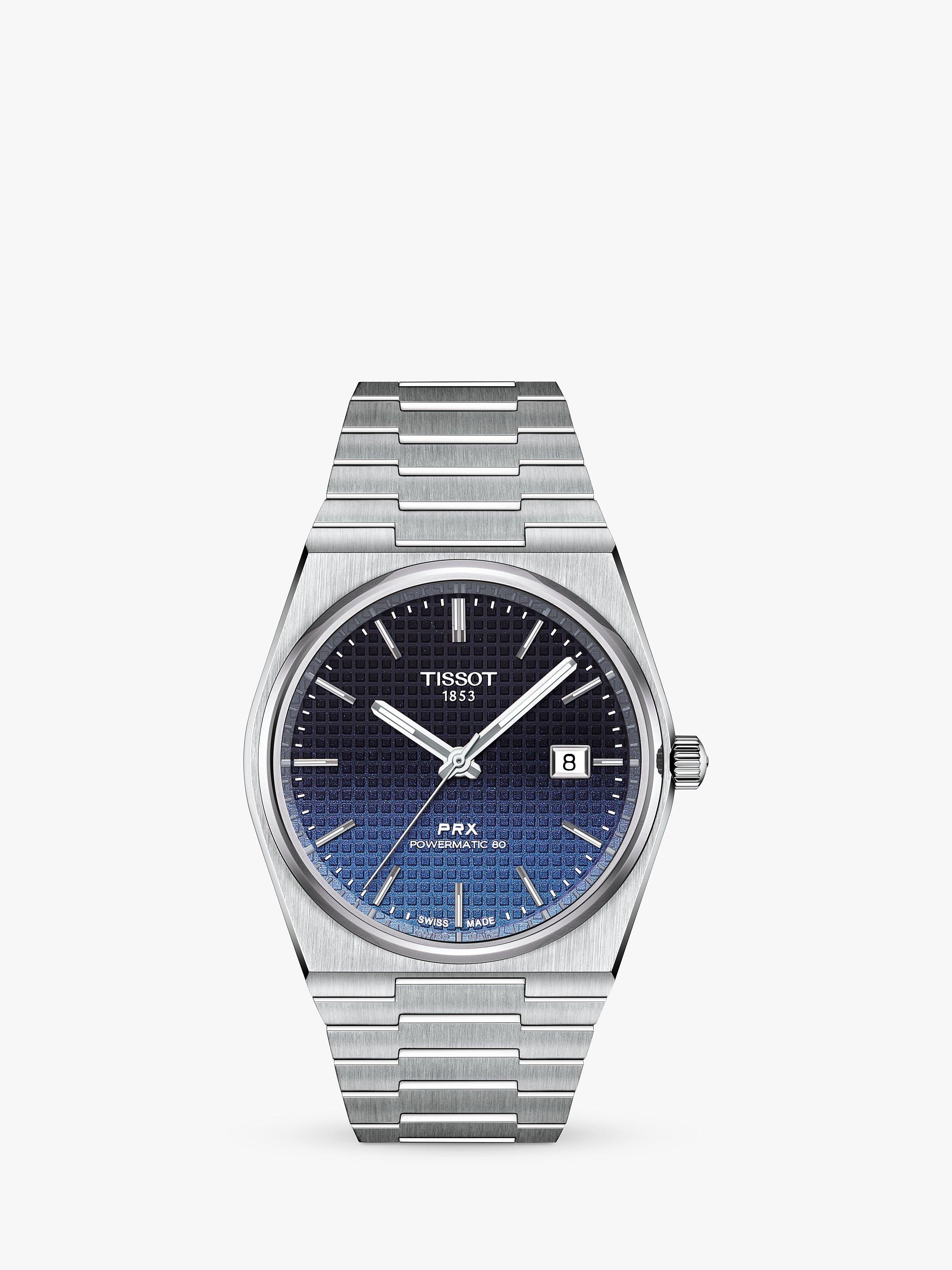 Product image 1 of 4, which shows Tissot Unisex PRX Powermatic 80 Waffle Dial Bracelet Strap Watch, Dark Blue Fade/Silver T1374071105101