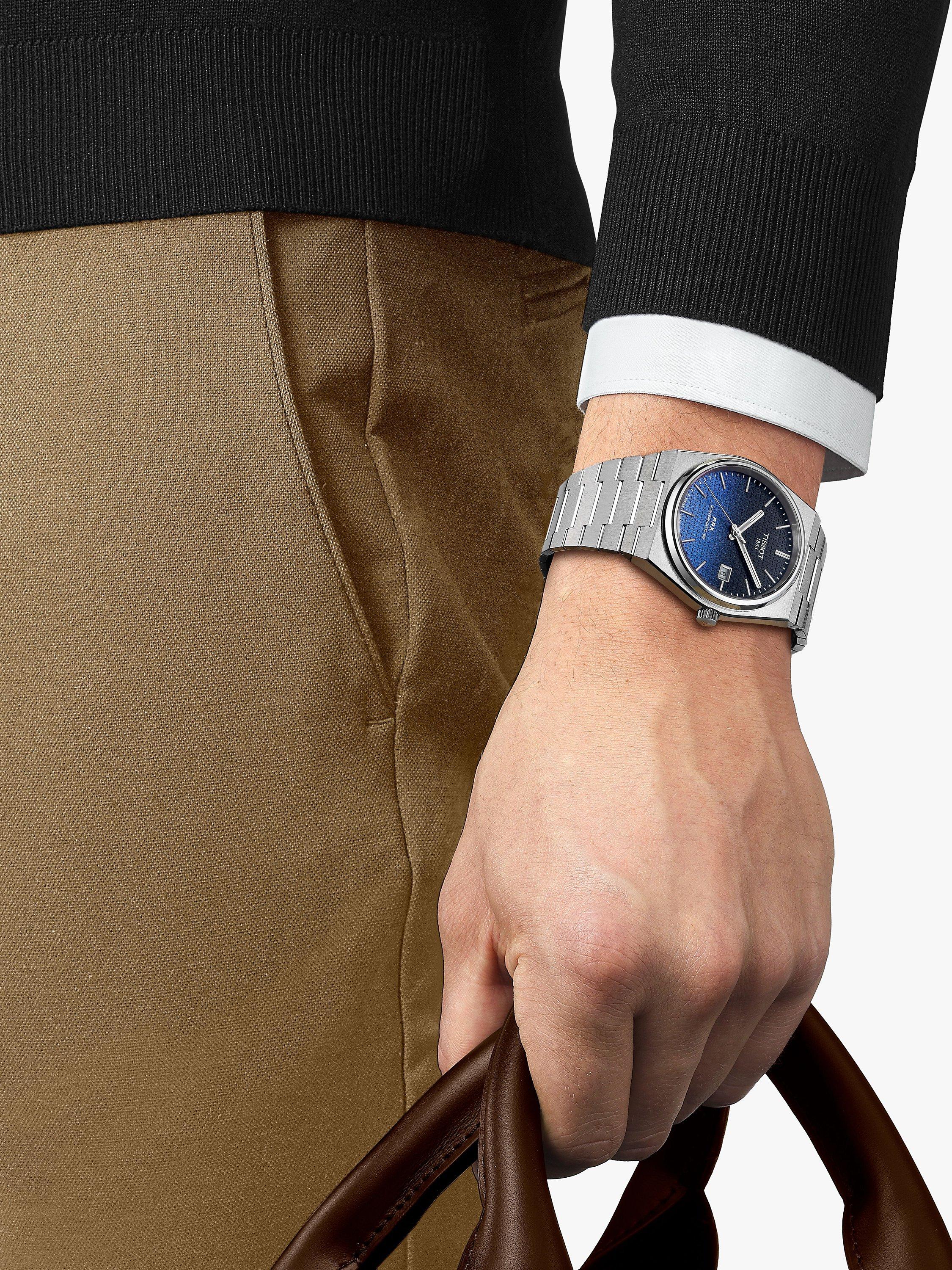 Product image 4 of 4, which shows Tissot Unisex PRX Powermatic 80 Waffle Dial Bracelet Strap Watch, Dark Blue Fade/Silver T1374071105101