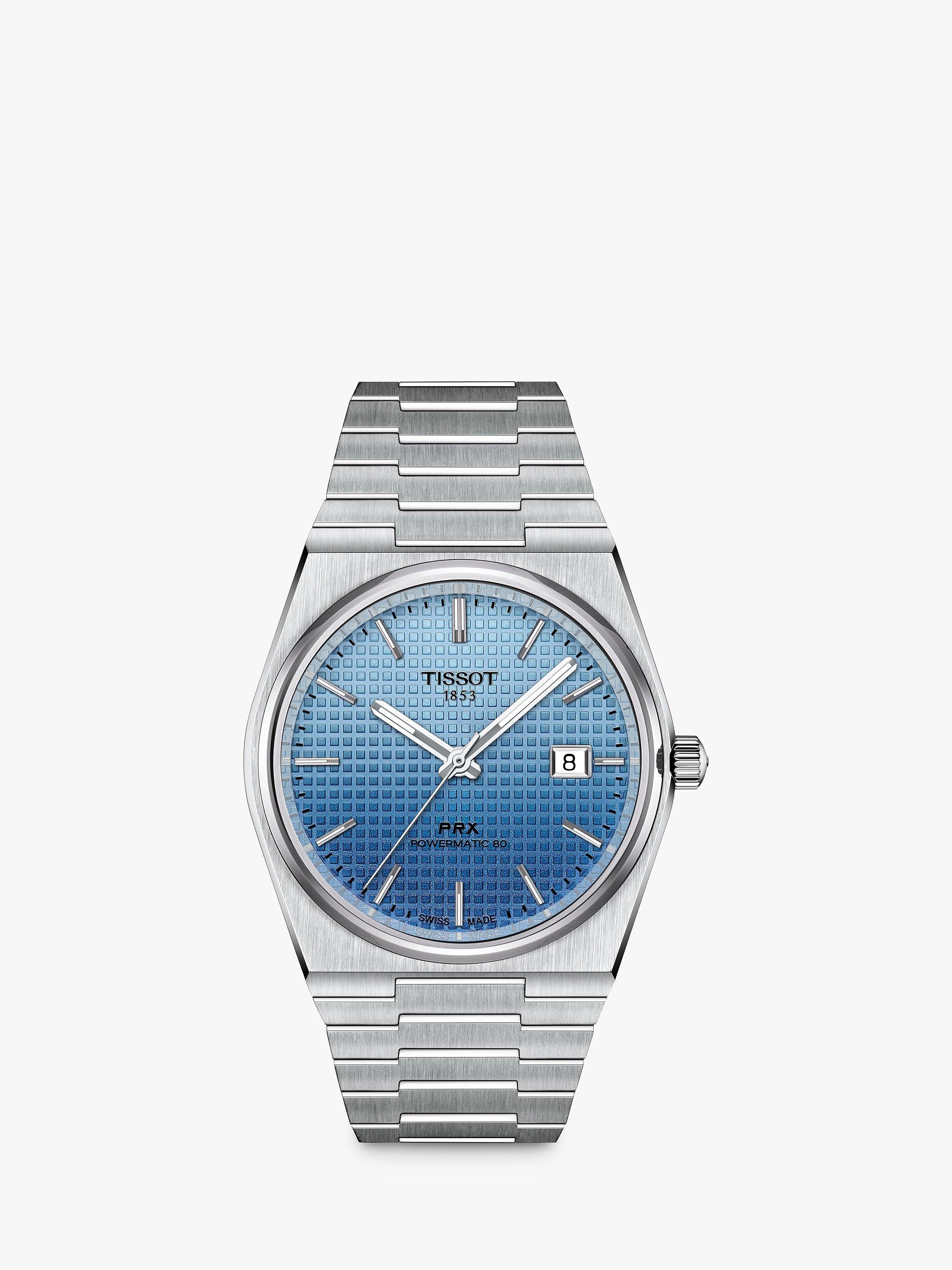 Product image 1 of 4, which shows Tissot Unisex PRX Powermatic 80 Waffle Dial Bracelet Strap Watch, Light Blue Fade/Silver T1374071135101