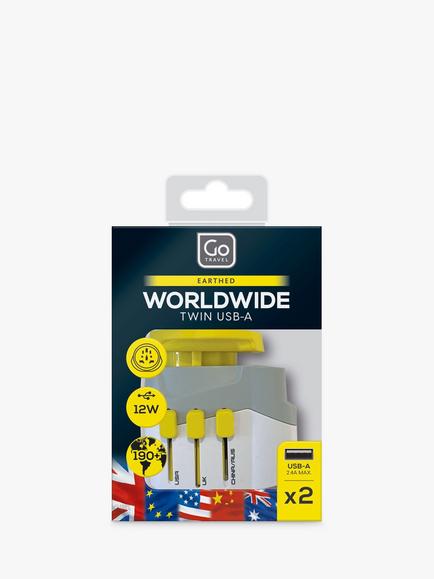 Go Travel Worldwide Adaptor UK with 2 USB-A Ports, White