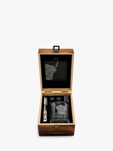 Selbrae House Highland Cow Slate Coaster & Whisky Glass Tumbler Gift Set, Clear