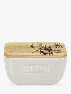Selbrae House Bee Ceramic Butter Dish with Oak Wood Lid, White, White