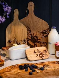 Selbrae House Bee Ceramic Butter Dish with Oak Wood Lid, White - view 2, White