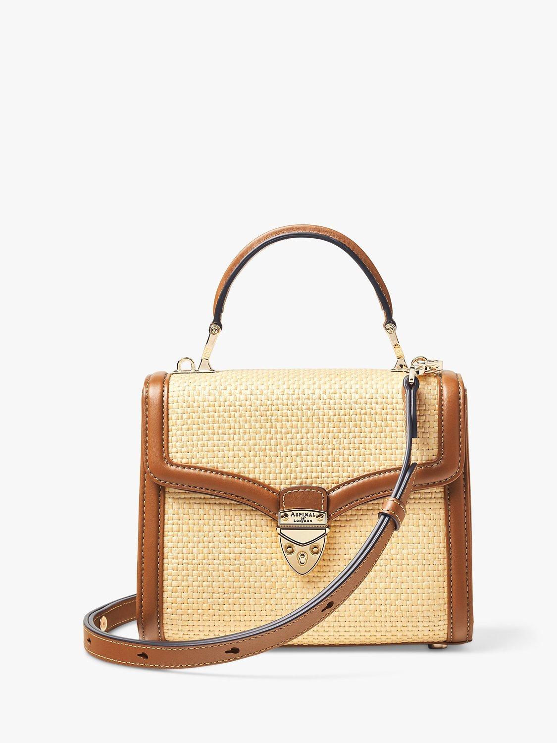 Product image 1 of 8, which shows Aspinal of London Midi Mayfair Raffia Cross Body Bag, Natural/Tan