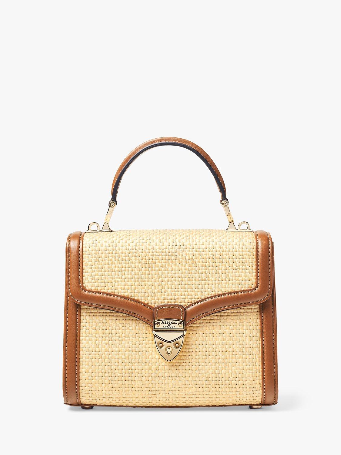 Product image 2 of 8, which shows Aspinal of London Midi Mayfair Raffia Cross Body Bag, Natural/Tan