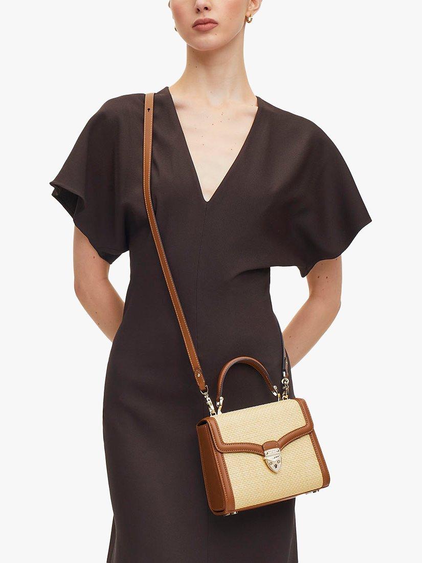 Product image 6 of 8, which shows Aspinal of London Midi Mayfair Raffia Cross Body Bag, Natural/Tan