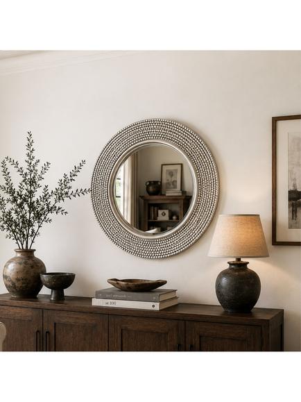 Yearn Studded Round Wall Mirror, 79cm, Silver