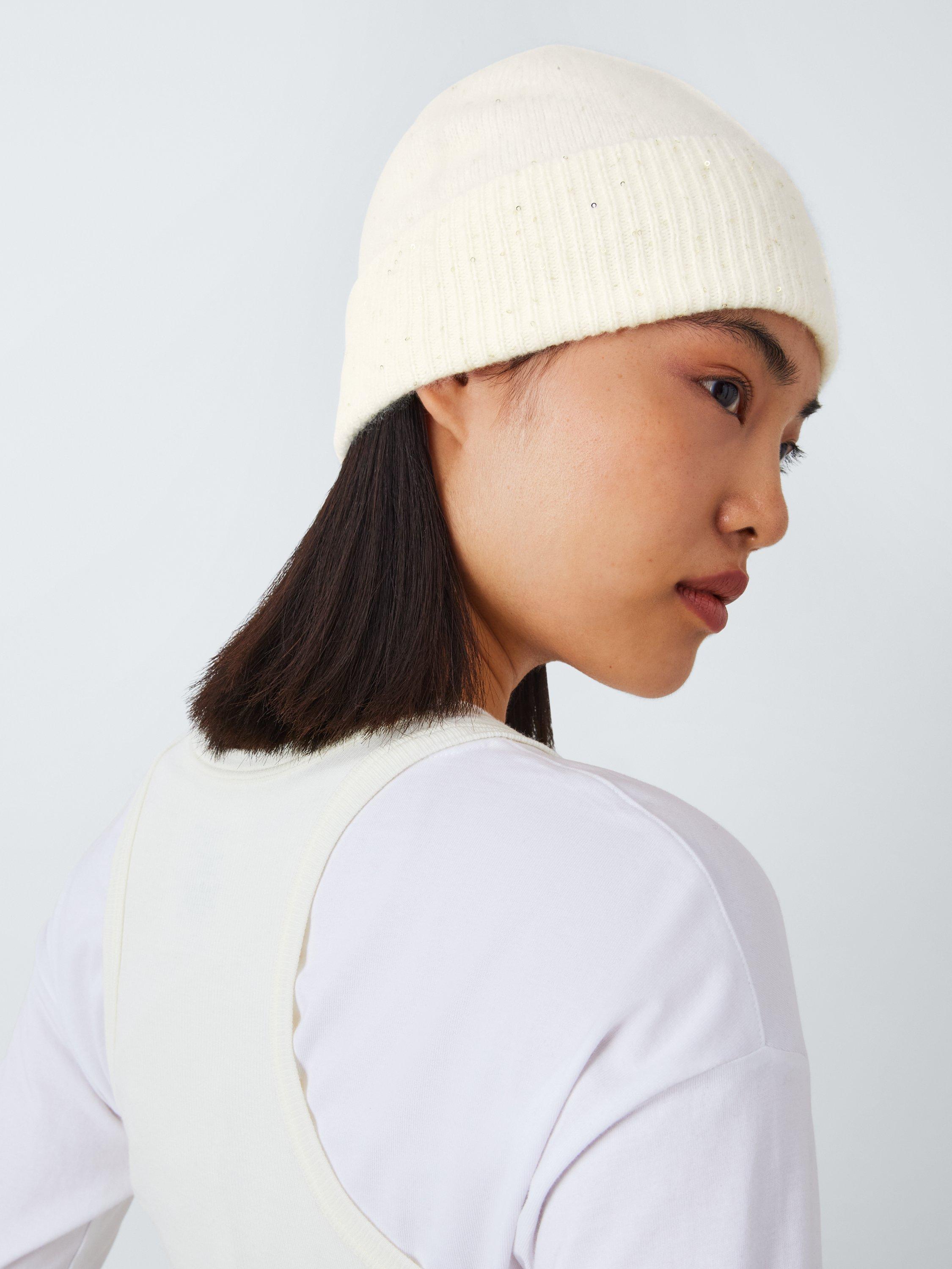 John Lewis Sequin Cashmere Blend Beanie Hat, Cream