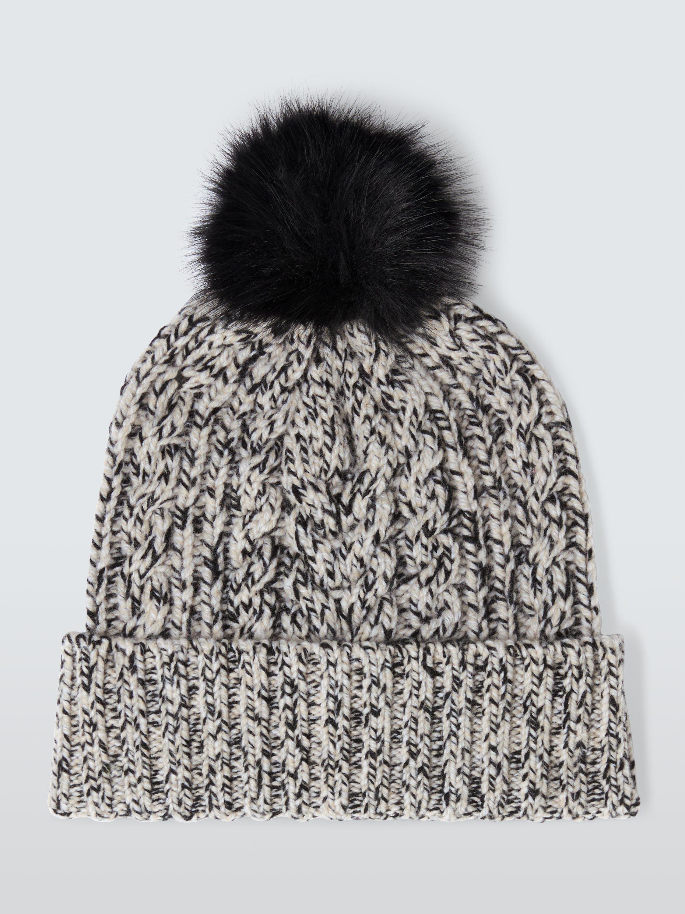 Product image 2 of 4, which shows John Lewis Wool Blend Cable Knit Pom Pom Beanie Hat, Black/Cream